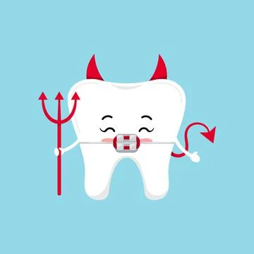 Cute tooth in braces emoji devil isolated on blue background. Stock Illustration
