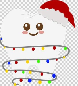 Cute Tooth Cartoon with Christmas Hat and Twinkling Lights Stock-Illustration