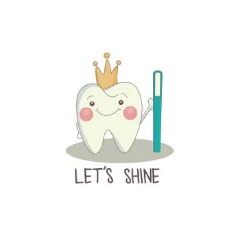Cute tooth character with crown and a toothbrush Stock Illustration