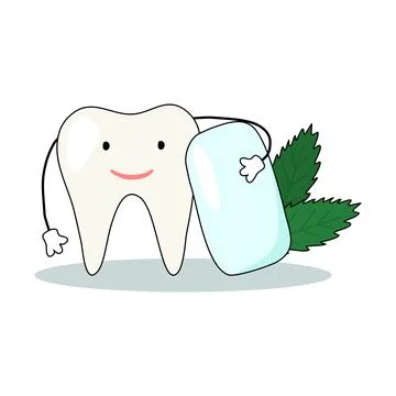 Cute tooth character with mint chewing gum pad, dental care concept, vector 스톡 일러스트
