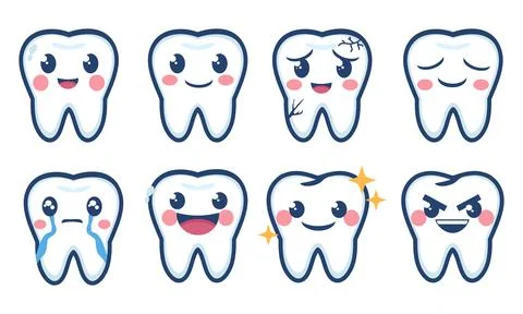 Cute Tooth Character Sticker Set with Funny Facial Expressions for Dental H.. Stock Illustration