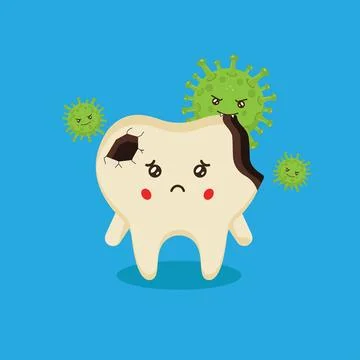 Cute Tooth Characters Attacked By Microbe Stock Illustration
