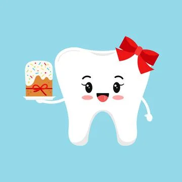 Cute tooth with easter cake dental icon isolated on background. Stock Illustration