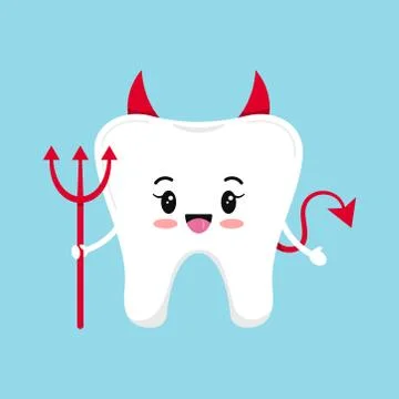 Cute tooth emoji devil isolated on blue background. Stock Illustration