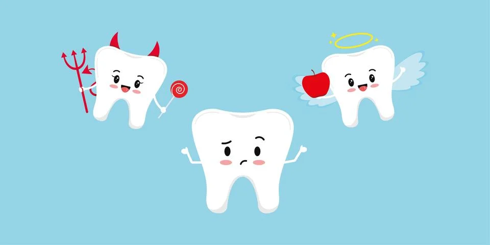 Cute tooth think and devil with angel on its shoulder. Stock Illustration