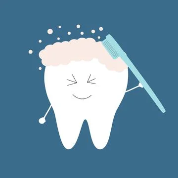 Cute tooth with a toothbrush brushes himself with toothpaste. Stock Illustration