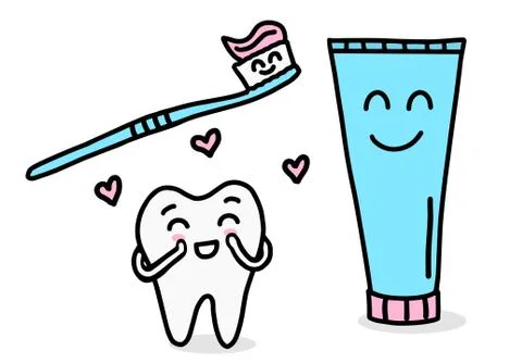 Cute Tooth, toothpaste and toothbrush in Doodle style.Tooth cleaning, brushin Stock Illustration