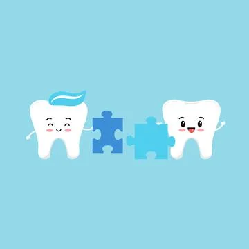 Cute tooth try to connect puzzle piece vector illustration. Illustrazione stock