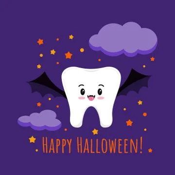 Cute tooth in vampire bat costume on Happy Halloween dentist greeting card. Stock Illustration