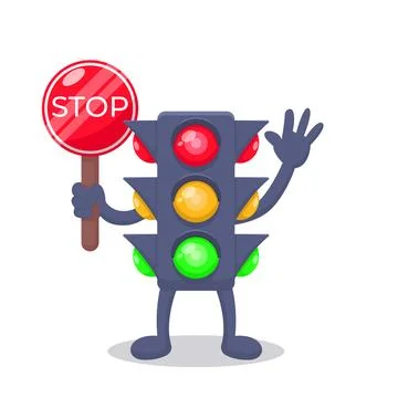 Cute Traffic Light Character Holding Stop Sign Illustration Ilustração Stock
