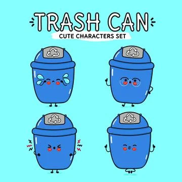 Cute Trash Can Character Set. Playful Trash Can Mascot Collection Stock Illustration