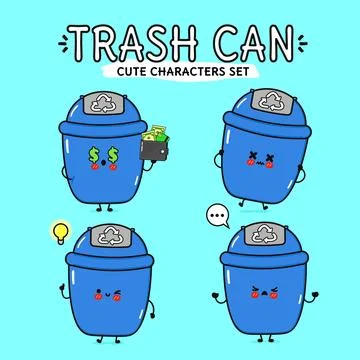 Cute Trash Can Characters Set. Cute Trash Can Mascot Collection Stock Illustration