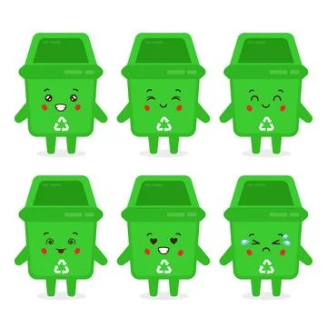 Cute Trash Can Characters With Various Expression Stock Illustration