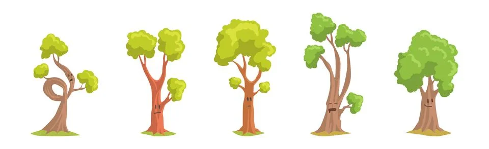 Cute Tree Character with Trunk and Green Crown Have Face Vector Set Stock Illustration