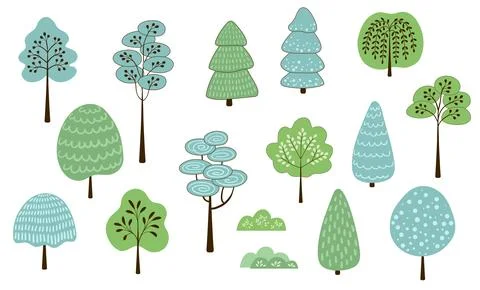 Cute trees with trunk, branches and leaf in simple doodle style Ilustração Stock