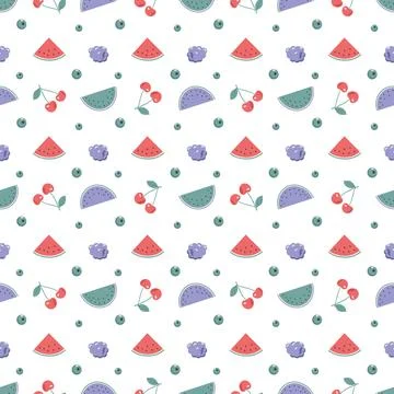 Cute trendy spring or summer seamless pattern with cherries, raspberries and 스톡 일러스트