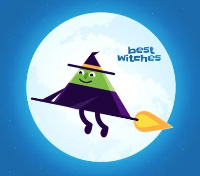 Cute triangle witch is flying in front of the moon Stock Illustration