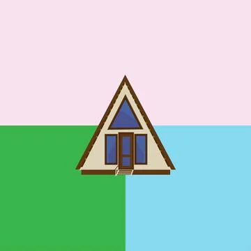 A cute triangular eco-house with a background of three colors: pink, blue, and Illustrazione stock