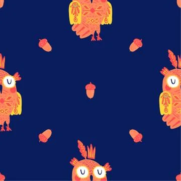 Cute tribal owls, funny seamless pattern boho print for textiles. Stock Illustration