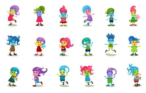 Cute Troll Characters with Different Skin and Hair Color Big Vector Set Stock Illustration