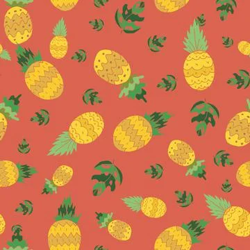Cute tropic pineapples seamless pattern on orange background Stock Illustration