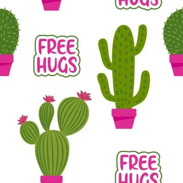 Cute tropical cactus seamless pattern background with free hugs message Stock Illustration