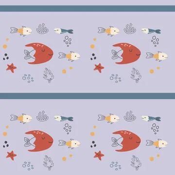 Cute tropical fish seamless pattern in doodle style. Stock Illustration