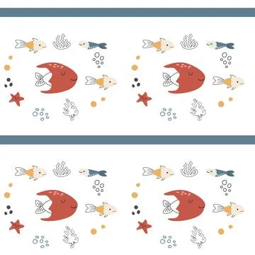Cute tropical fish seamless pattern in doodle style. Stock Illustration