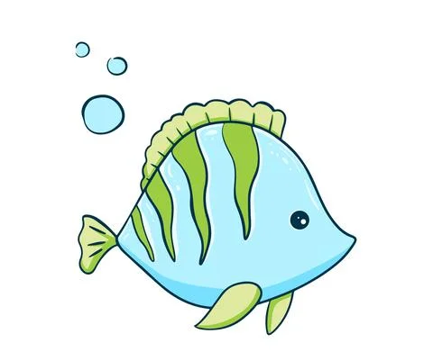 Cute tropical fish on a white background with bubbles. Brightly colored blue Stock Illustration