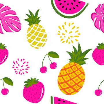 Cute tropical frutis pattern background - funny vector drawing seamless pattern. Stock-Illustration
