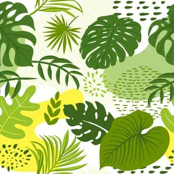 Cute tropical leaves and plants pattern background Stock Illustration