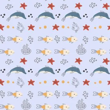 Cute tropical starfish and dolphin border pattern in doodle scandinavian styl Stock Illustration