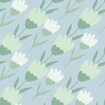 Cute tulip seamless pattern in doodle style on blue background. Floral backdr Stock Illustration
