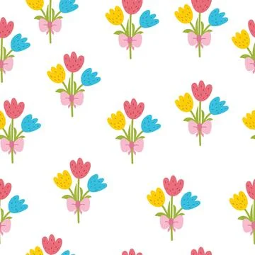 Cute tulips seamless pattern. Springtime background in cartoon style for kids Stock Illustration