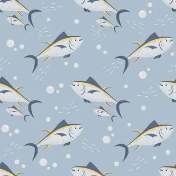 Cute tuna fish seamless pattern with bubbles and waves for child background o 스톡 일러스트