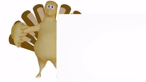 Cute turkey pointing to white sign, blank space for copy. Looping 3d animation. Stock Footage 79799174