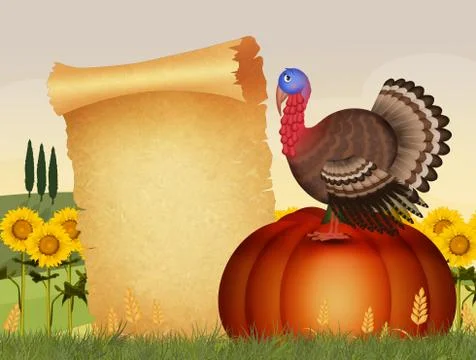 Cute turkey on pumpkin Stock Illustration