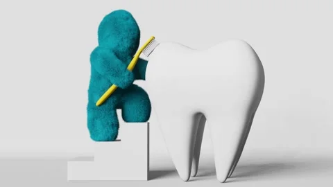 Cute turquoise fur Yeti brushing white healthy tooth 3D animation loop Stock Footage 232999259