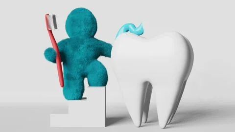 Cute turquoise fur Yeti brushing white healthy tooth 3D animation loop Stock Footage 233072541