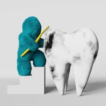 Cute turquoise fur Yeti brushing caries bacteria rotten decay tooth 3D render Stock Illustration