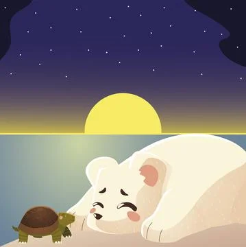 Cute turtle and polar bear sleeping cartoon animal Stock Illustration