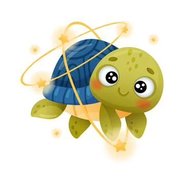 Cute turtle astronaut floating in outer space. Adorable baby tortoise character Illustrazione stock