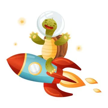 Cute turtle astronaut riding rocket. Funny tortoise character in outer space 스톡 일러스트