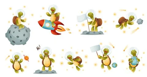 Cute turtle astronaut set. Funny tortoise space tourist character floating in Illustrazione stock