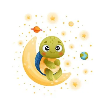 Cute turtle astronaut sitting on moon. Adorable baby tortoise character flying イラスト素材