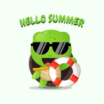 Cute turtle carrying a float with summer greetings Stock Illustration