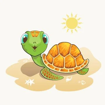 Cute turtle cartoon on the beach Stock Illustration
