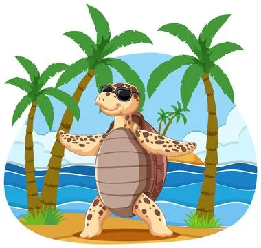 Cute turtle cartoon character at the beach Stock Illustration