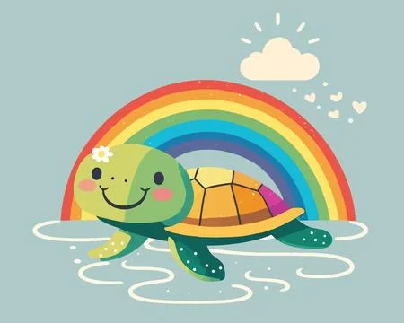 Cute turtle character in a puddle and a rainbow in the sky. Stock Illustration