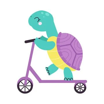 Cute Turtle Character Riding Kick Scooter Vector Illustration Illustrazione stock